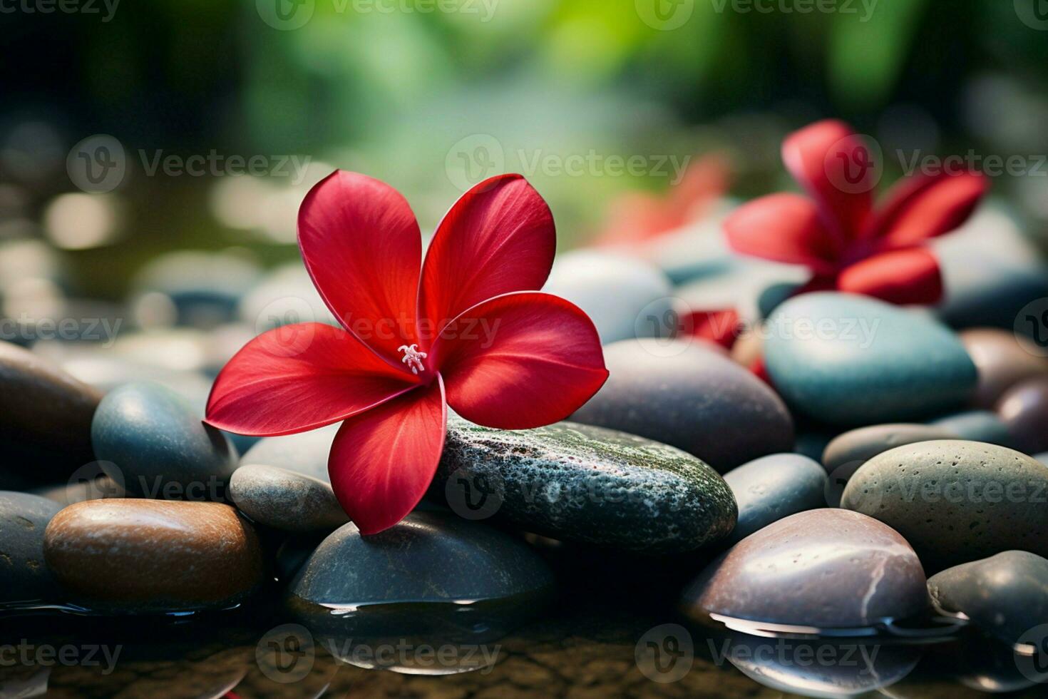 AI generated Spa ambiance red frangipani flower amid soothing arrangement of spa stones photo