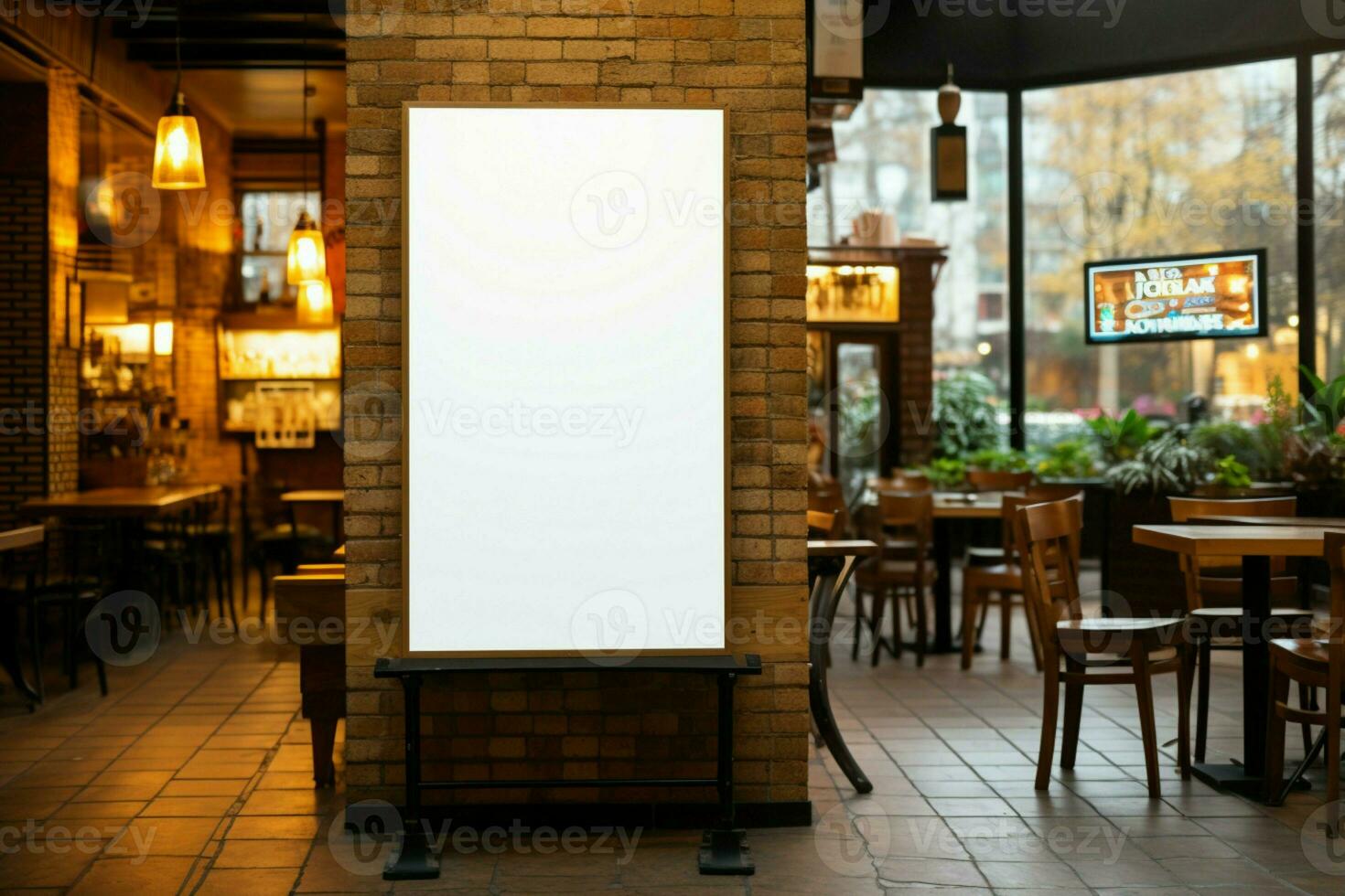 AI generated Promotional canvas White board in front of a food shop photo