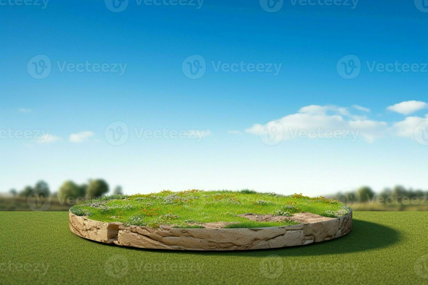 AI generated Circular podium rendered on a serene meadow soil ground photo