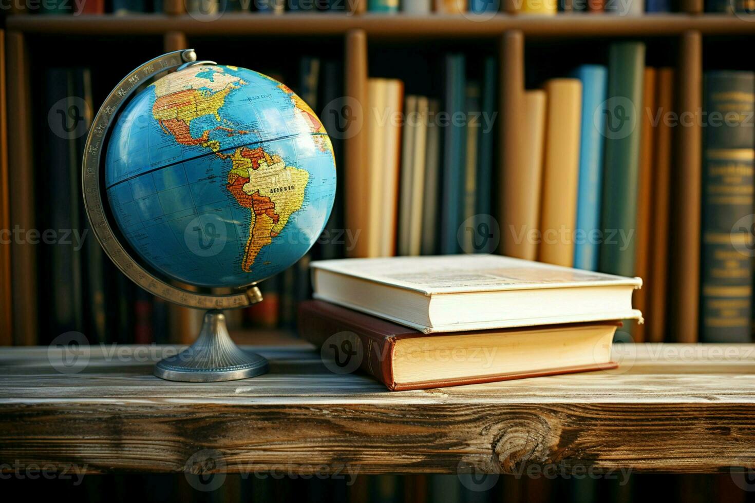 AI generated Knowledge worldwide Earth globe paired with a stack of books AI Generated photo