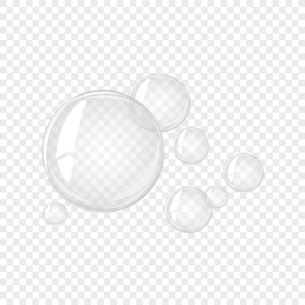 Transparent water bubble. Soap bubble, crystal glass ball. Beauty product, moisture, skincare transparent bubbles top view, scatter splashes vector