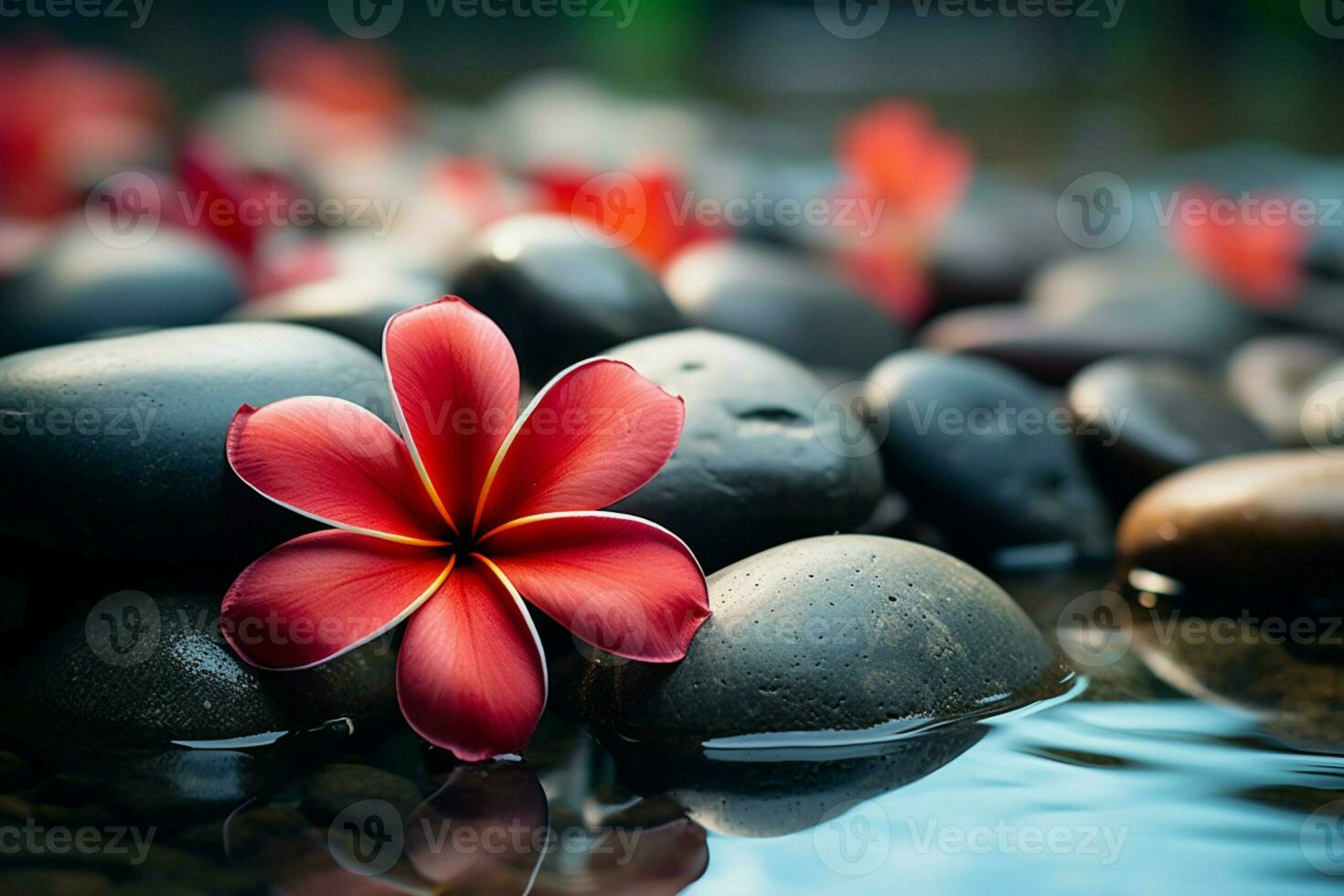 AI generated Red frangipani flower amidst spa stones, creating a tranquil atmosphere photo