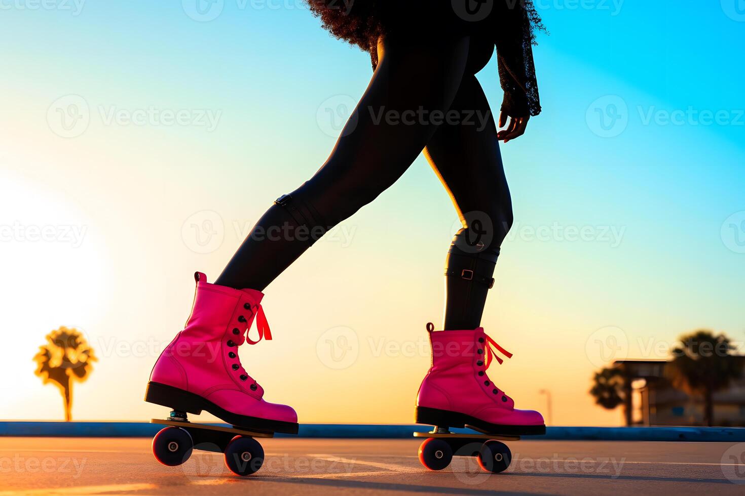 AI generated Fashionable groovy stylish girl on roller skates near the beach. Neural network AI generated photo