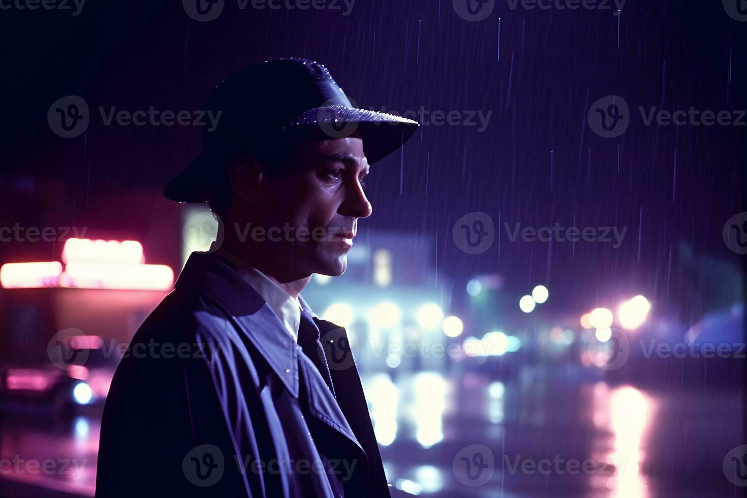 AI generated Detective in the rain in the night city. Neural network AI generated photo