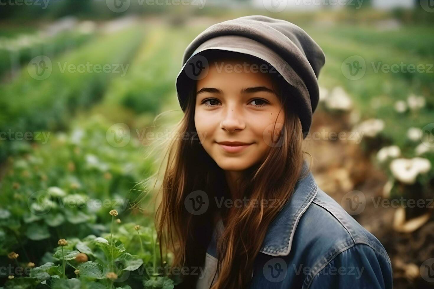 ai generado retrato de un niña en contra el antecedentes de espiguillas de trigo. neural red ai generado foto