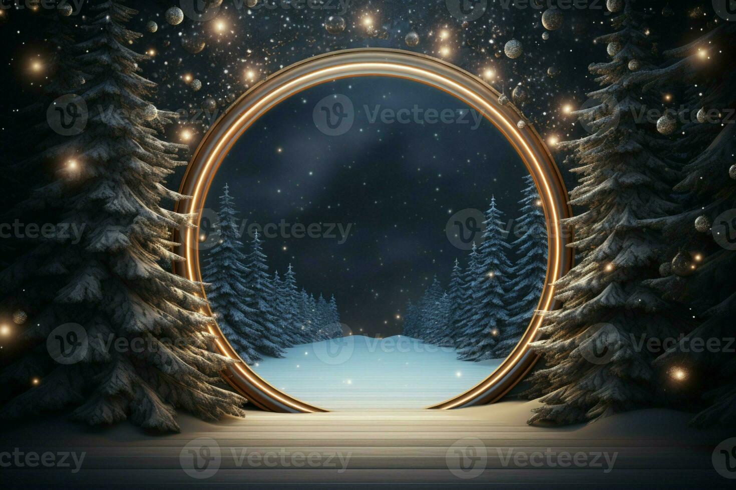 AI generated Elegantly designed 3D circle frame background perfect for Merry Christmas and Happy New Year AI Generated photo