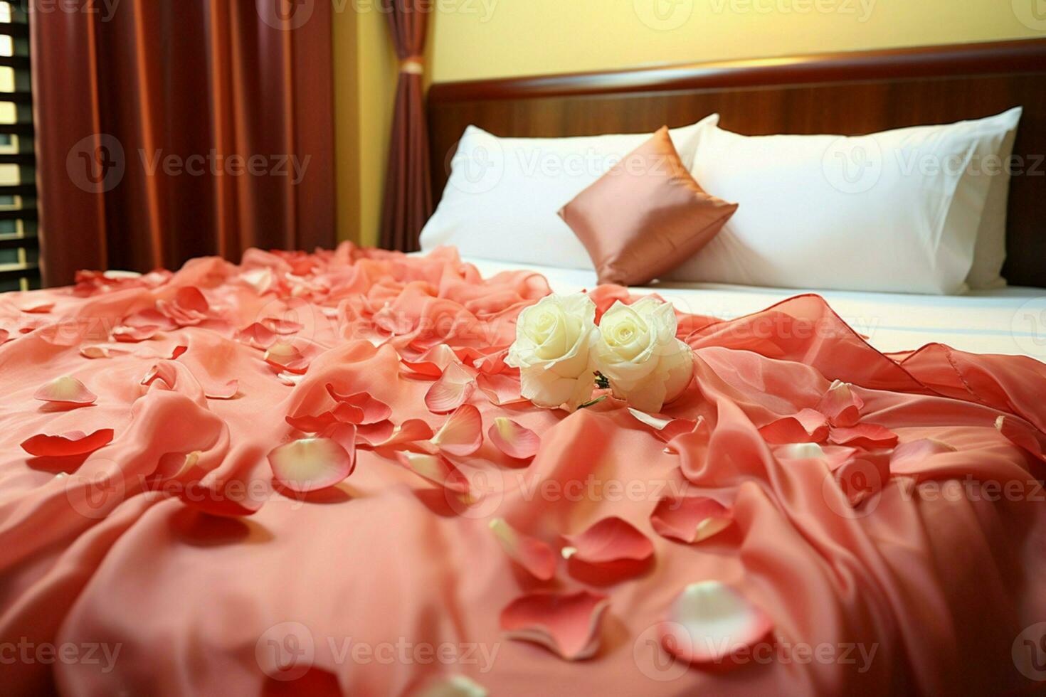 AI generated Hotel romance Bed adorned with rose petals creating a romantic setting AI Generated photo