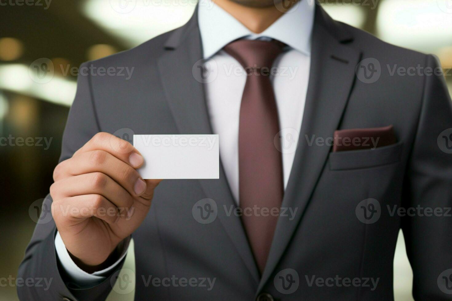 ai generado agudo presentación un cerca arriba de un del hombre manos en un traje mostrando un negocio tarjeta Bosquejo ai generado foto