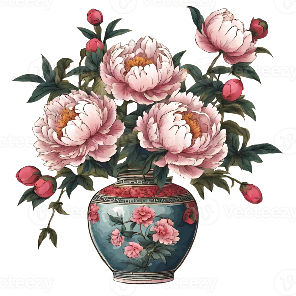 AI generated Beautiful peony in antique vase png