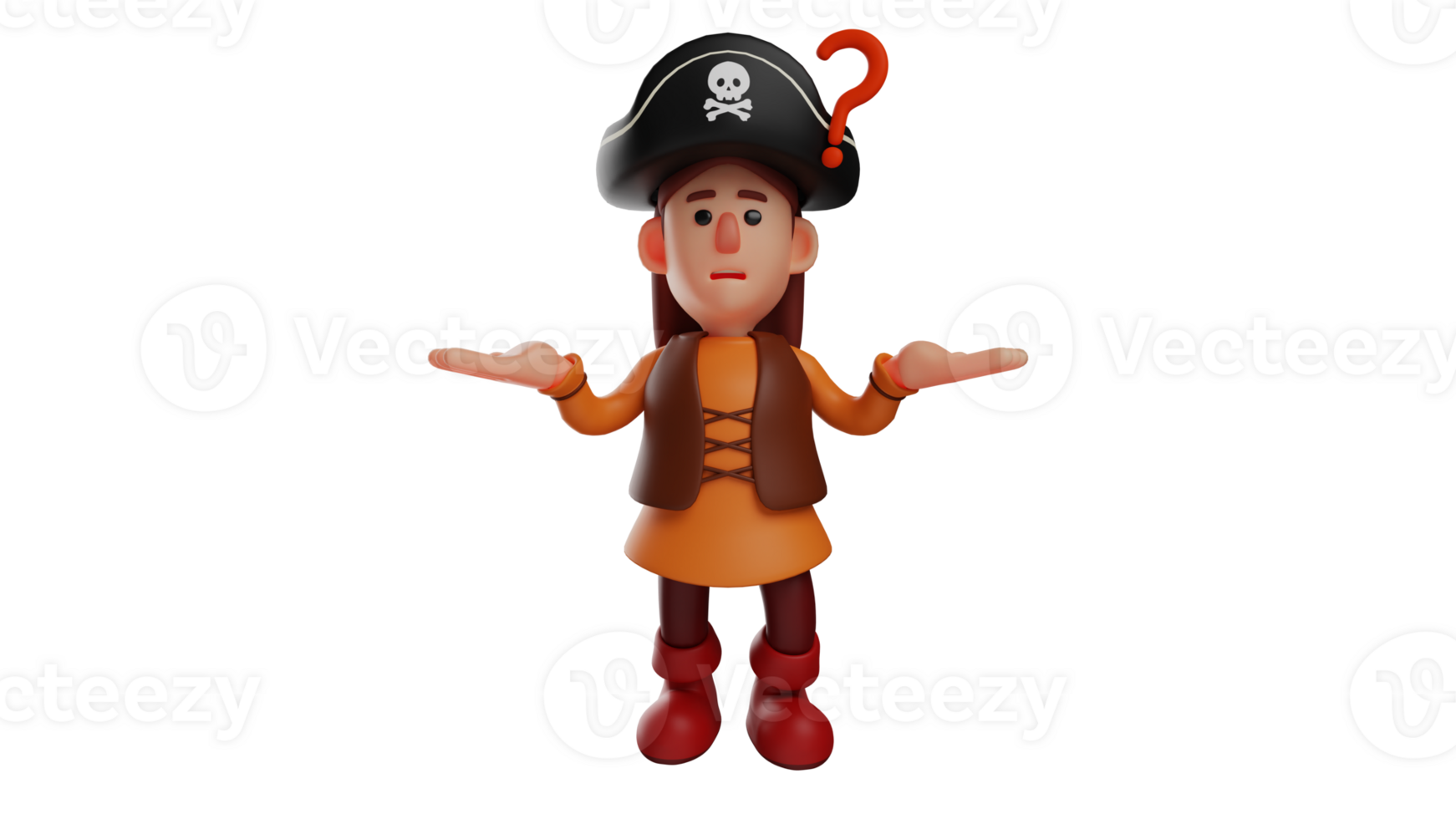 3D illustration. Pirate 3D Cartoon Character. The pirate is confused and questioning something. A pirate with a question mark on it. Pirate shows a cute expression. 3D cartoon character png