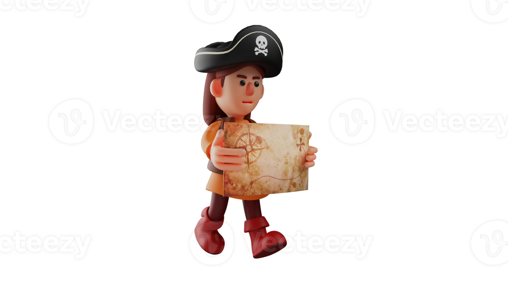 3D illustration. Great Pirate 3D Cartoon Character. Pirate carry a map to guide her journey. Pirates will sail the vast ocean. Pirate showing serious expression 3D cartoon character png