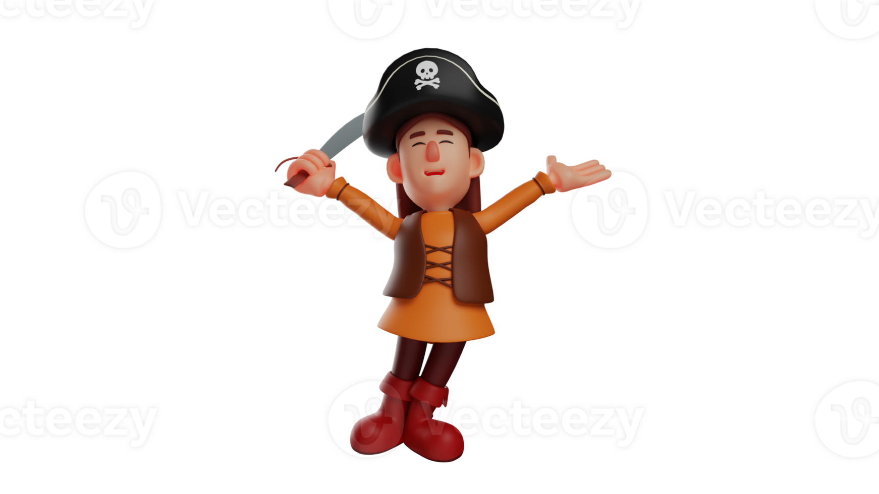 3D illustration. Strong Pirate 3D Cartoon Character. The pirate stretches out his hand while carrying a sharp knife. The pirate raised his gun and showed it to everyone. 3D cartoon character png