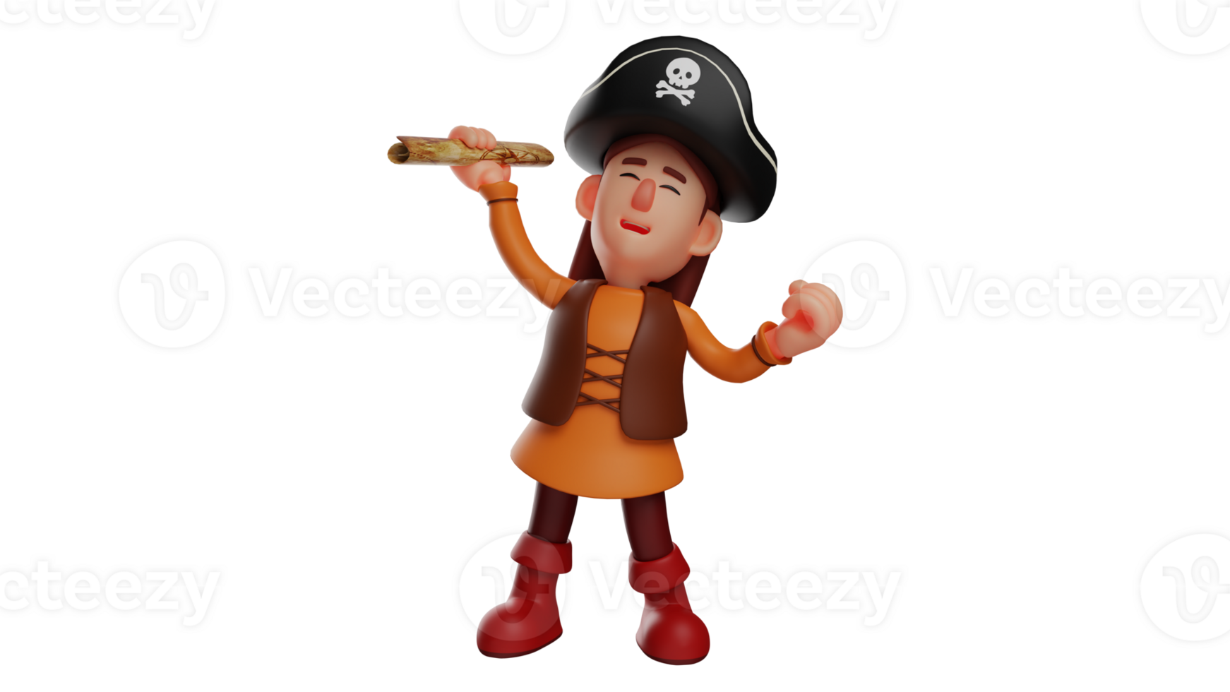 3d Illustration. tolle Pirat 3d Karikatur Charakter. Pirat angehoben seine Hand welche war halten das Karte scrollen. Pirat war glücklich weil sie erreichen ihr Ziel. 3d Karikatur Charakter png