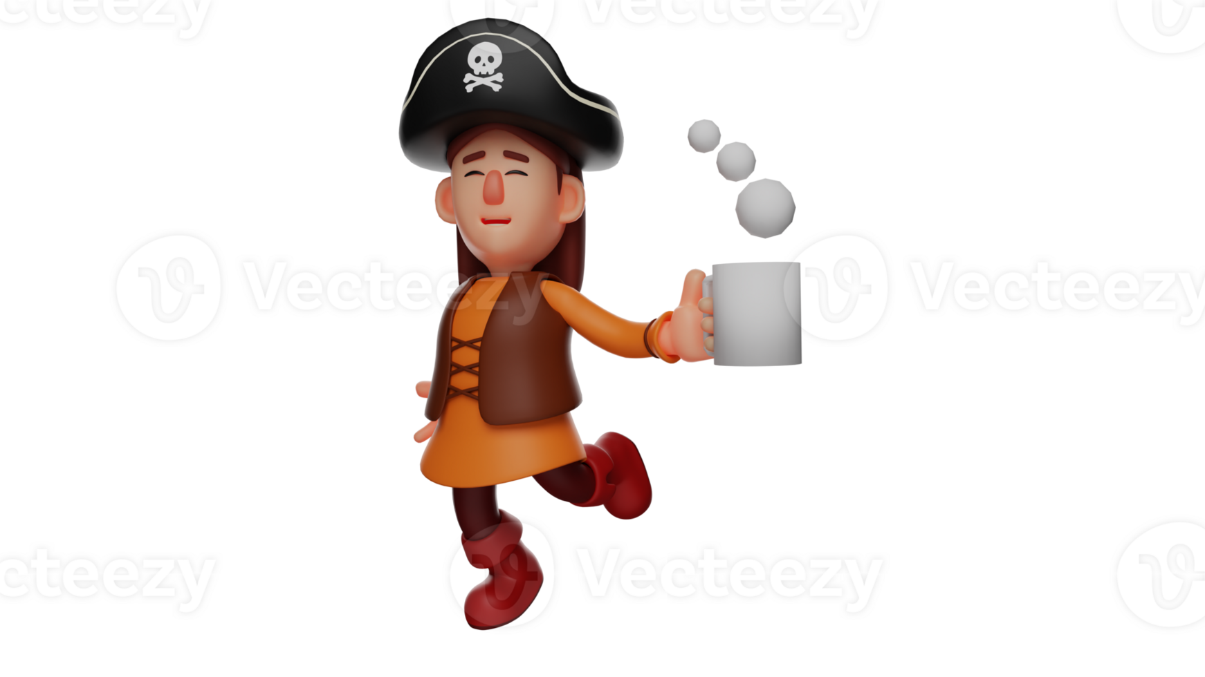 3D illustration. Girl 3D Cartoon Character. A beautiful girl who likes to wear pirate costumes. A little pirate running while carrying a glass of hot drink. 3D cartoon character png