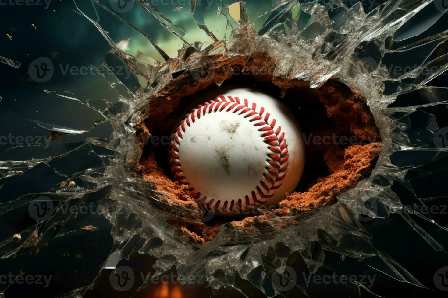 AI generated Design inspiration Baseball breaks through a broken window, compelling visuals photo