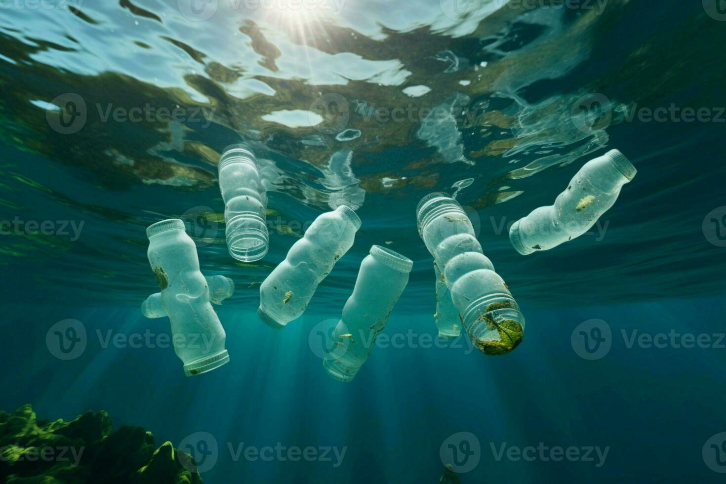AI generated Marine contamination Plastic bottles disturbingly found floating underwater photo