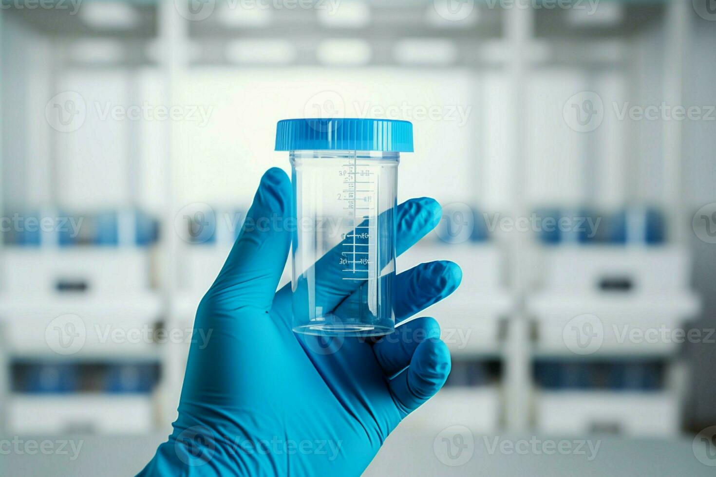 AI generated Clinical precision Hand in blue sterile glove holds sample container photo