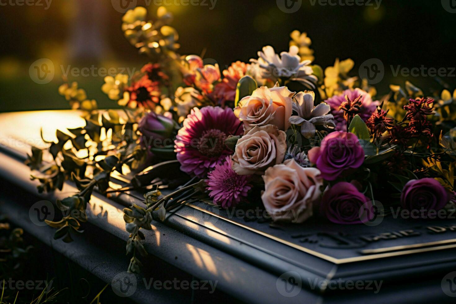 AI generated Sombre moment Funeral flowers presented on coffin, symbolizing loss photo