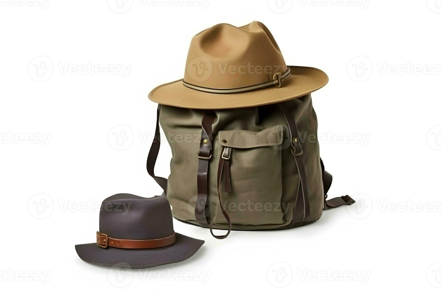 AI generated Travel set isolated on white background. Hat, backpack and boots. Neural network AI generated photo