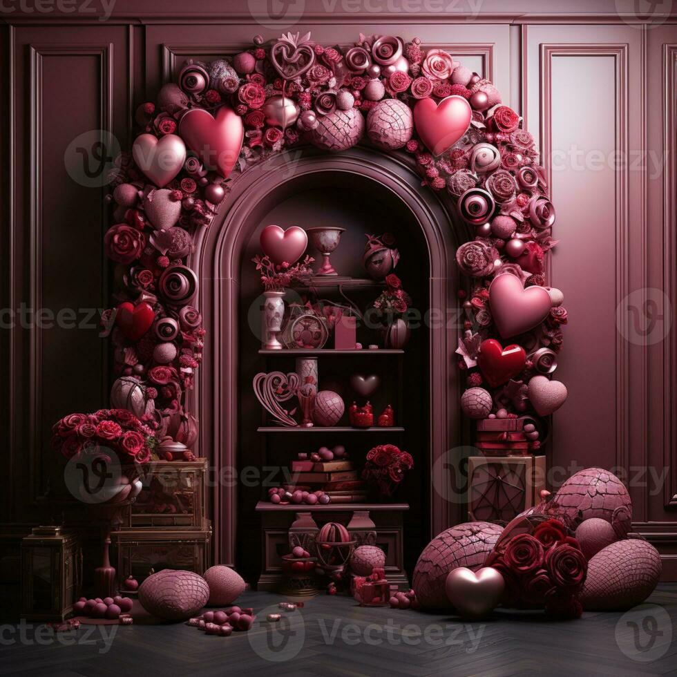 AI generated Postcard. The background of love is pink. Festive illustration. Beautiful red abstract background. Banner template. photo
