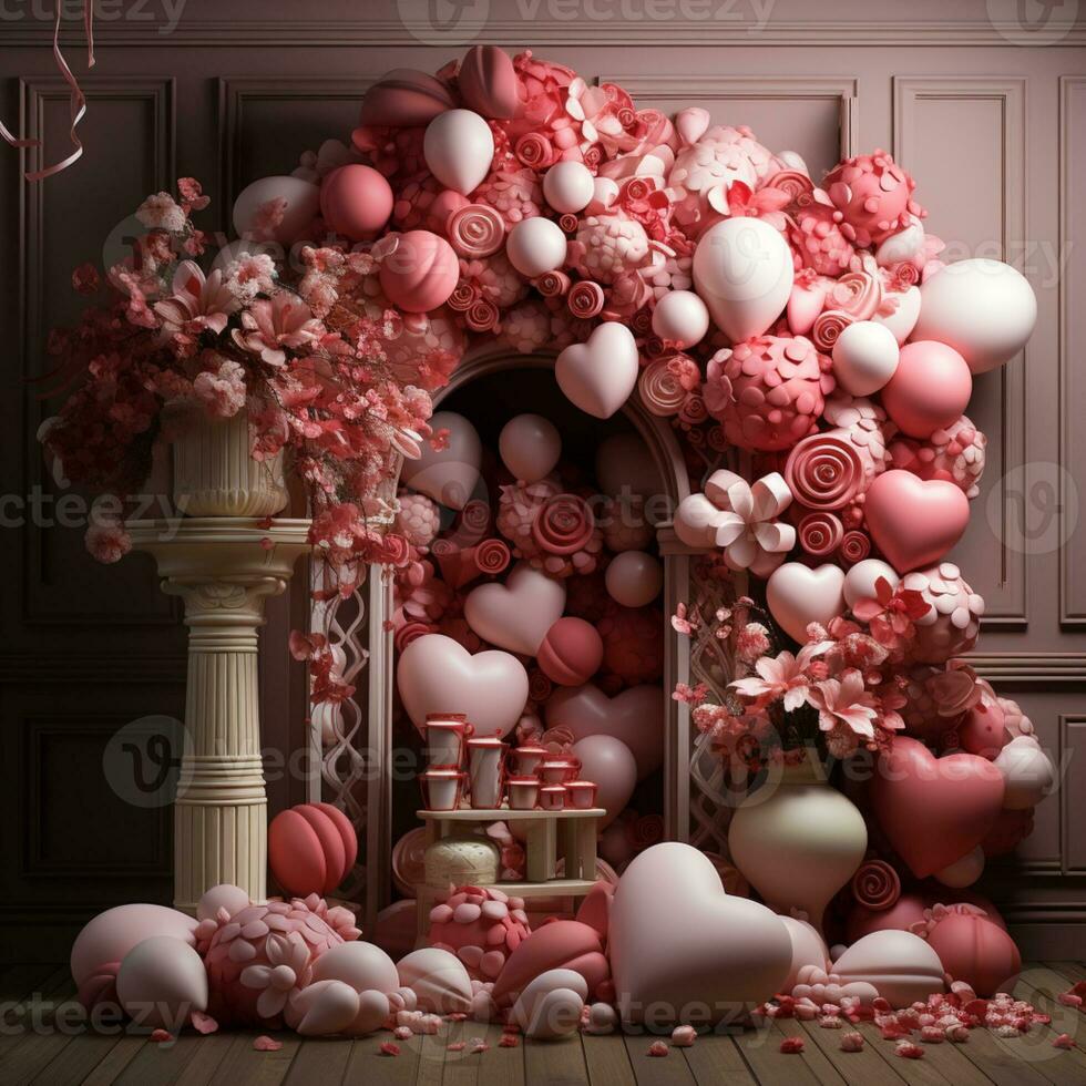AI generated Postcard. The background of love is pink. Festive illustration. Beautiful red abstract background. Banner template. photo