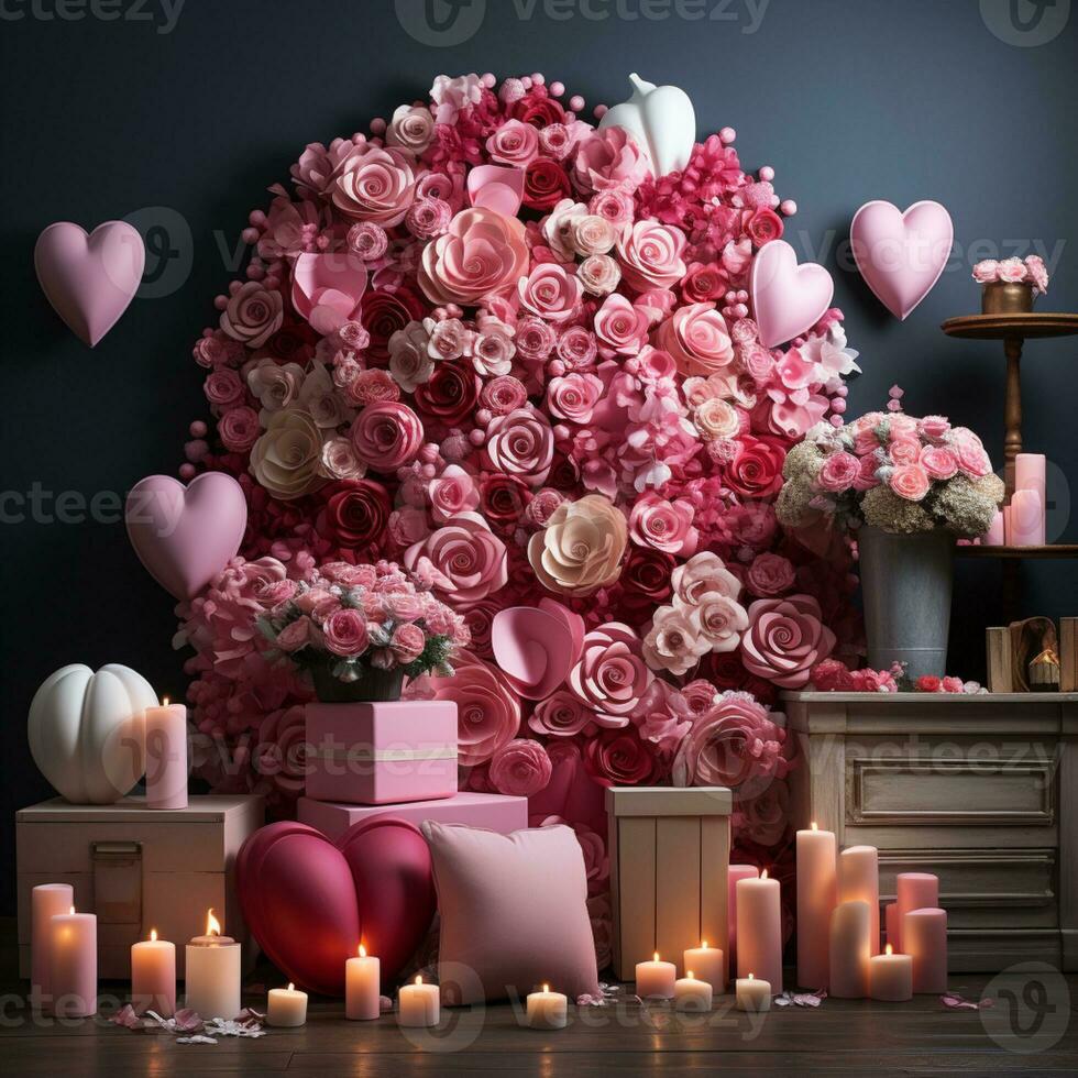 AI generated Postcard. The background of love is pink. Festive illustration. Beautiful red abstract background. Banner template. photo