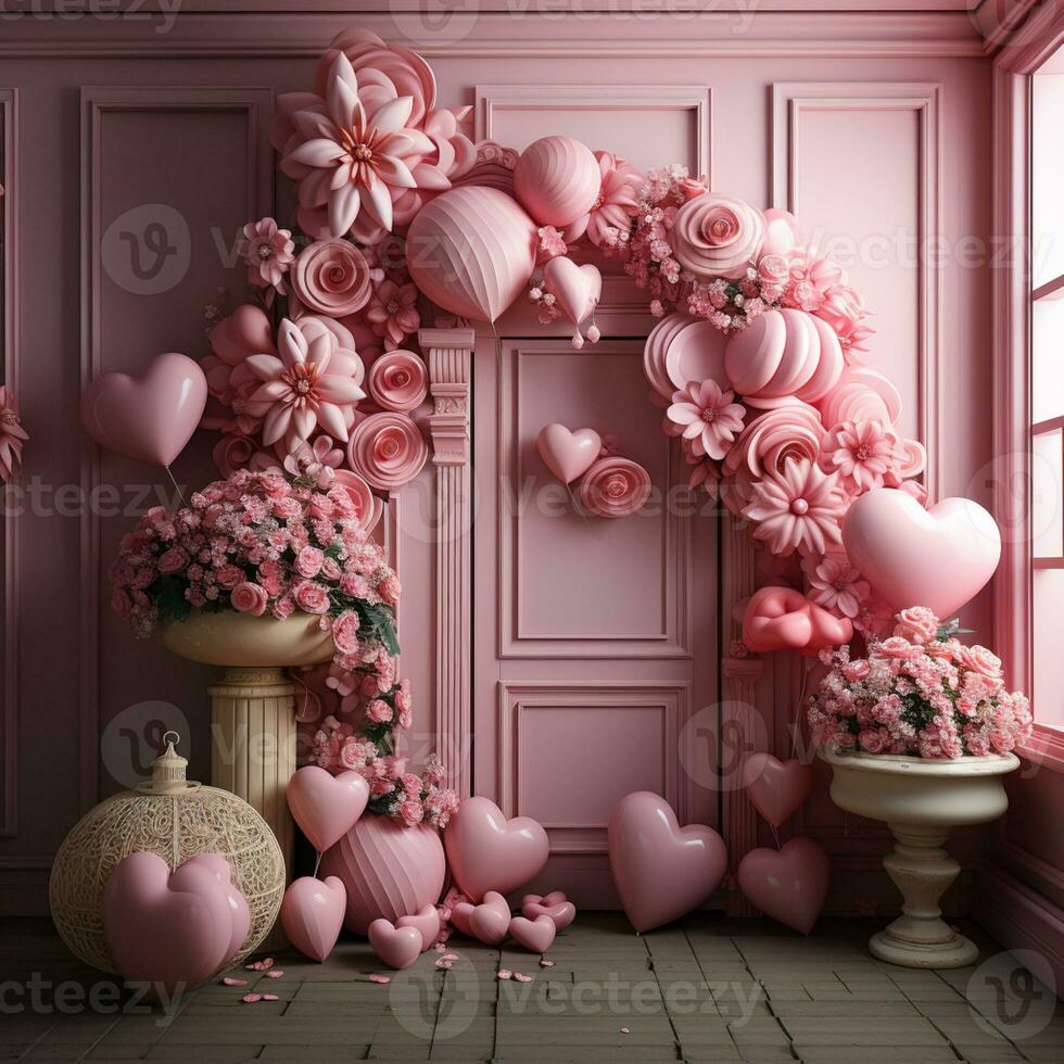 AI generated Postcard. The background of love is pink. Festive illustration. Beautiful red abstract background. Banner template. photo