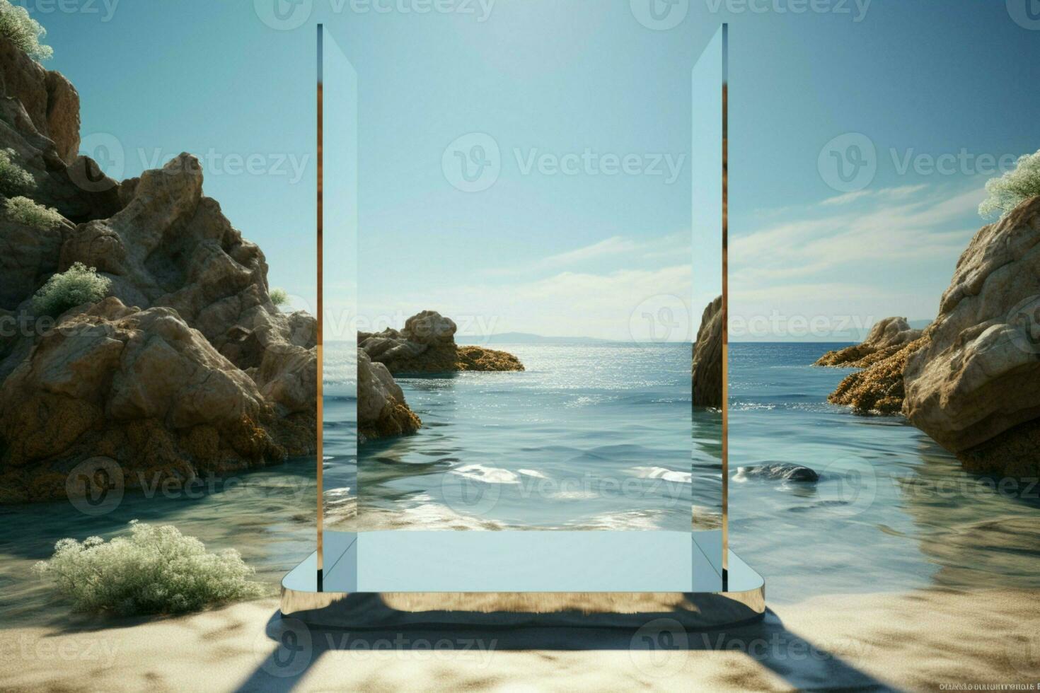 AI generated Coastal podium for product showcase, integrating the beauty of the beach photo