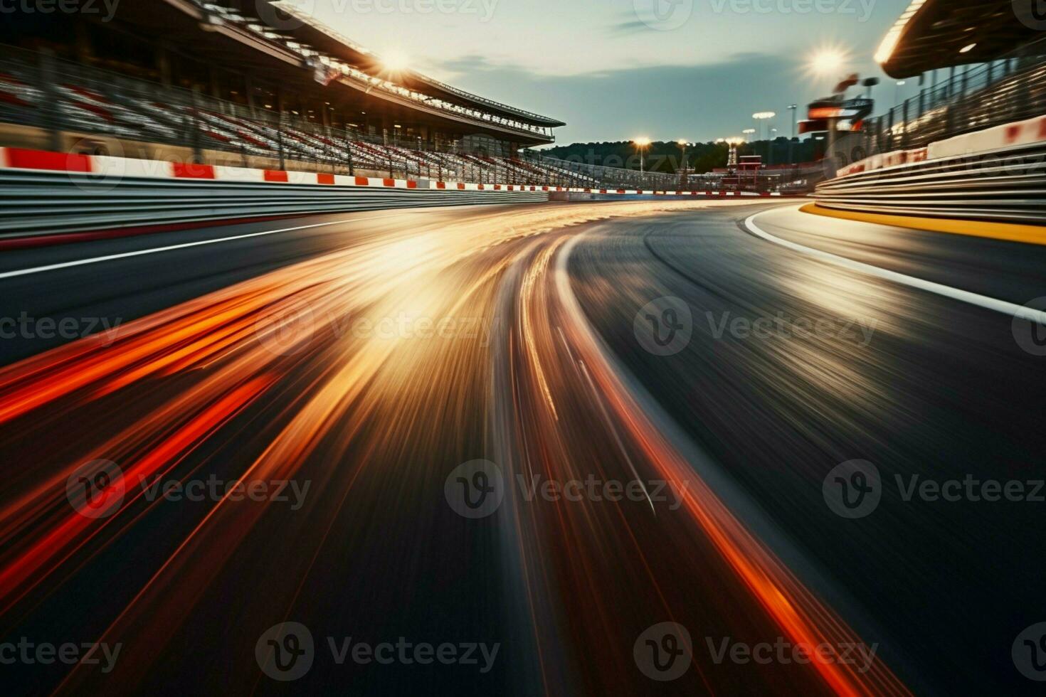 AI generated Blurred racing track with twisting traffic, dynamic bokeh background photo