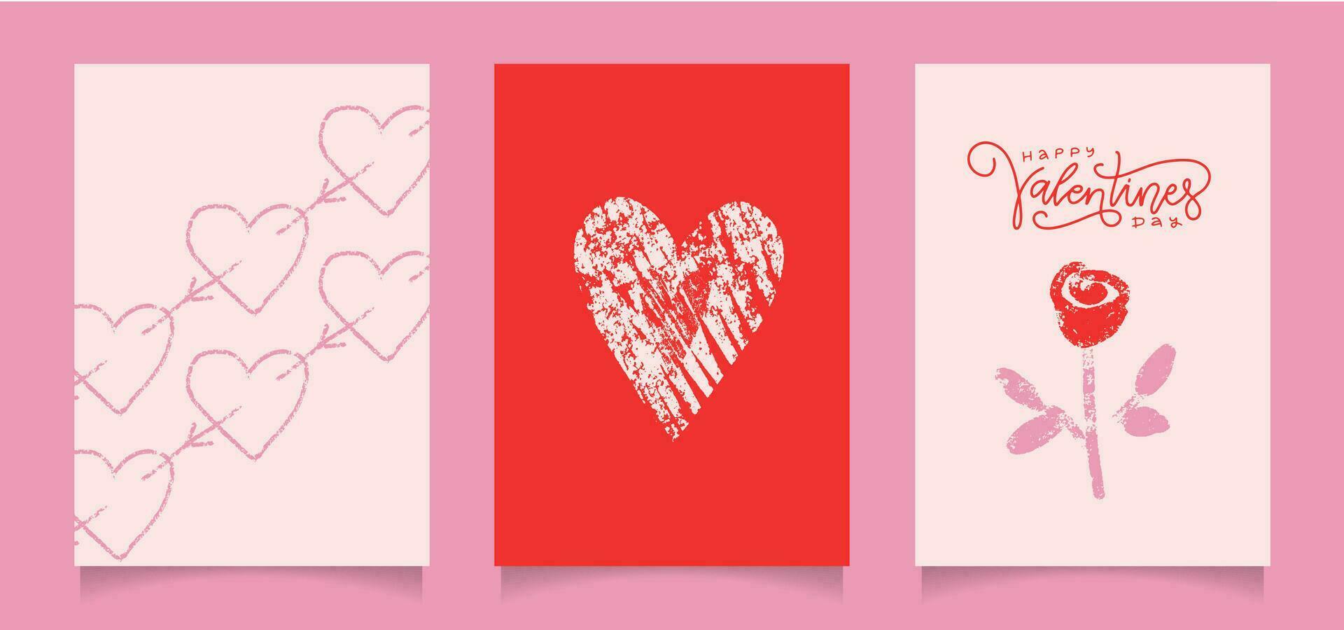 conjunto de cera lápiz de color mano dibujado tarjetas con San Valentín día símbolos - corazón, Rosa. niño pintura pastel tiza líneas Arte. minimalista vector diseño elementos.