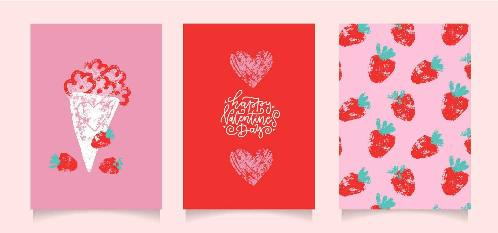 Valentine's day cards set with real wax crayon texture. Unusual artistic art poster with oil pastel hand drawn romantic elements. Textured vector illustration.