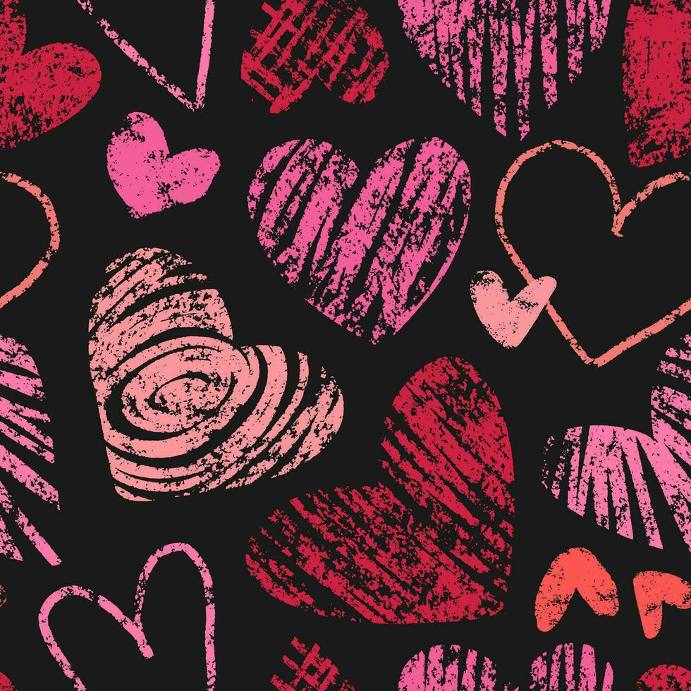 Crayon hearts seamless pattern. Valentines day hearts on black background. Children drawing love symbol in doodle freehand style. Chalk texture, seamless romantic print. Vector