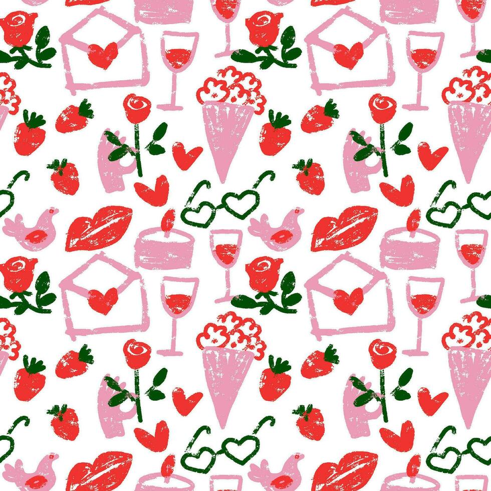 Valentine's day seamless pattern. Hearts, gifts, flowers, lips hand drawn crayon style elements. Template for congratulation cards, scrapbooking, and invitations. Rough textured vector illustration,
