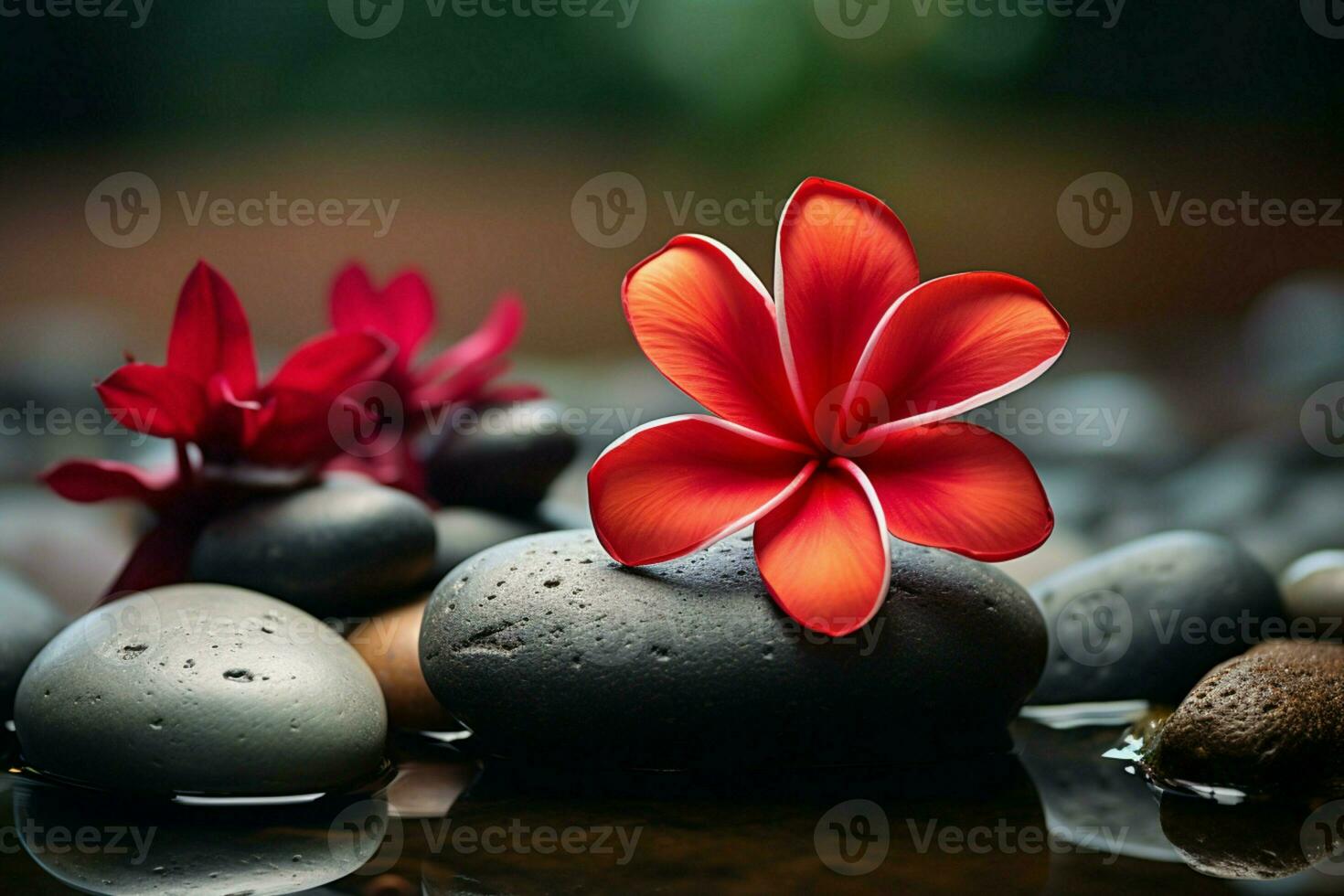 AI generated Soothing spa arrangement red frangipani flower with serene spa stones photo