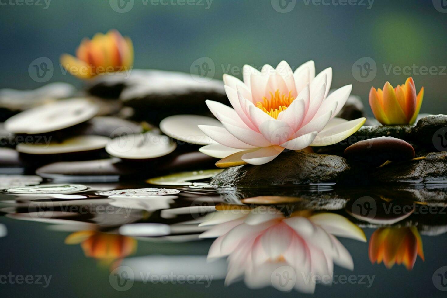 AI generated Scenic beauty a lotus flower with a stone on calm water photo