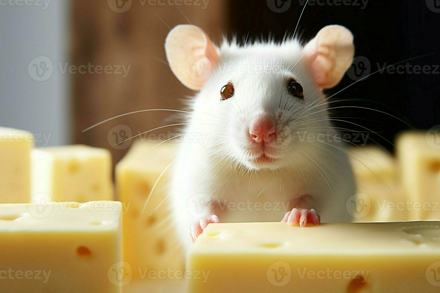 AI generated Sweet temptation White rat poses with cheese, close up copy space photo