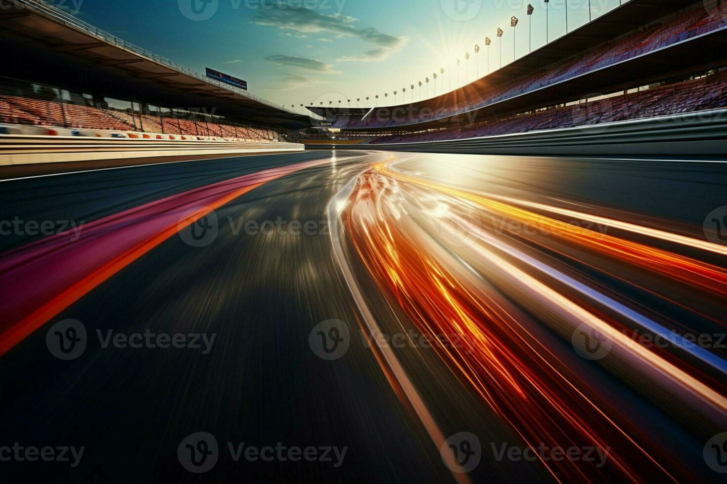 AI generated Blurred racing track with twisting traffic, dynamic bokeh background photo