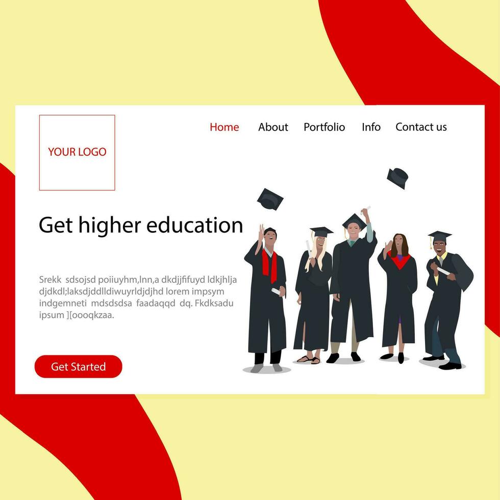 Get higher education landing page. Happy students in black gown throw up hats. Illustration education finish in university, webpage college or school vector