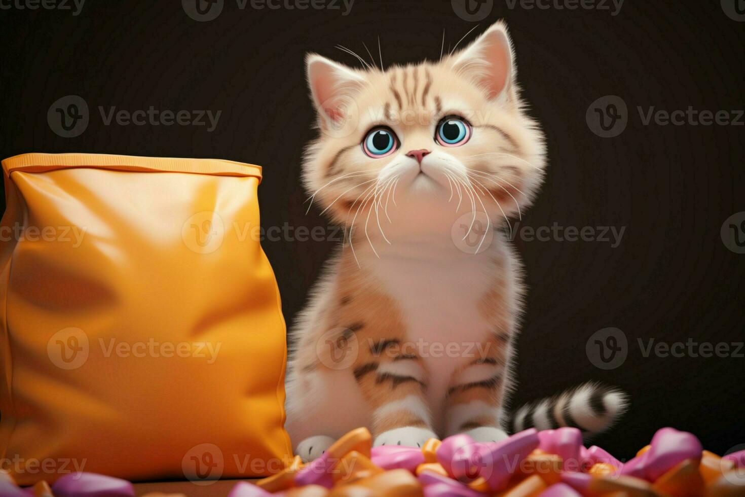 AI generated Irresistibly cute 3D cat on pet food bag, vibrant cartoon photo