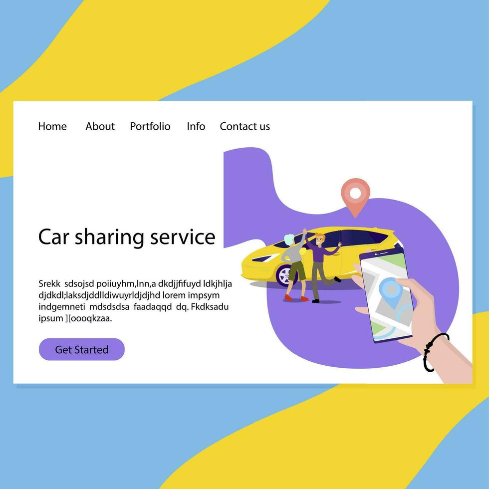 Car sharing service web page landing. Transportation service carshare, ordering auto rent, vector illustration