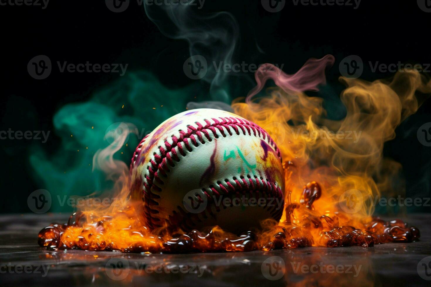 AI generated Dramatic flair Colorful baseball pops against a smoky and mysterious setting photo