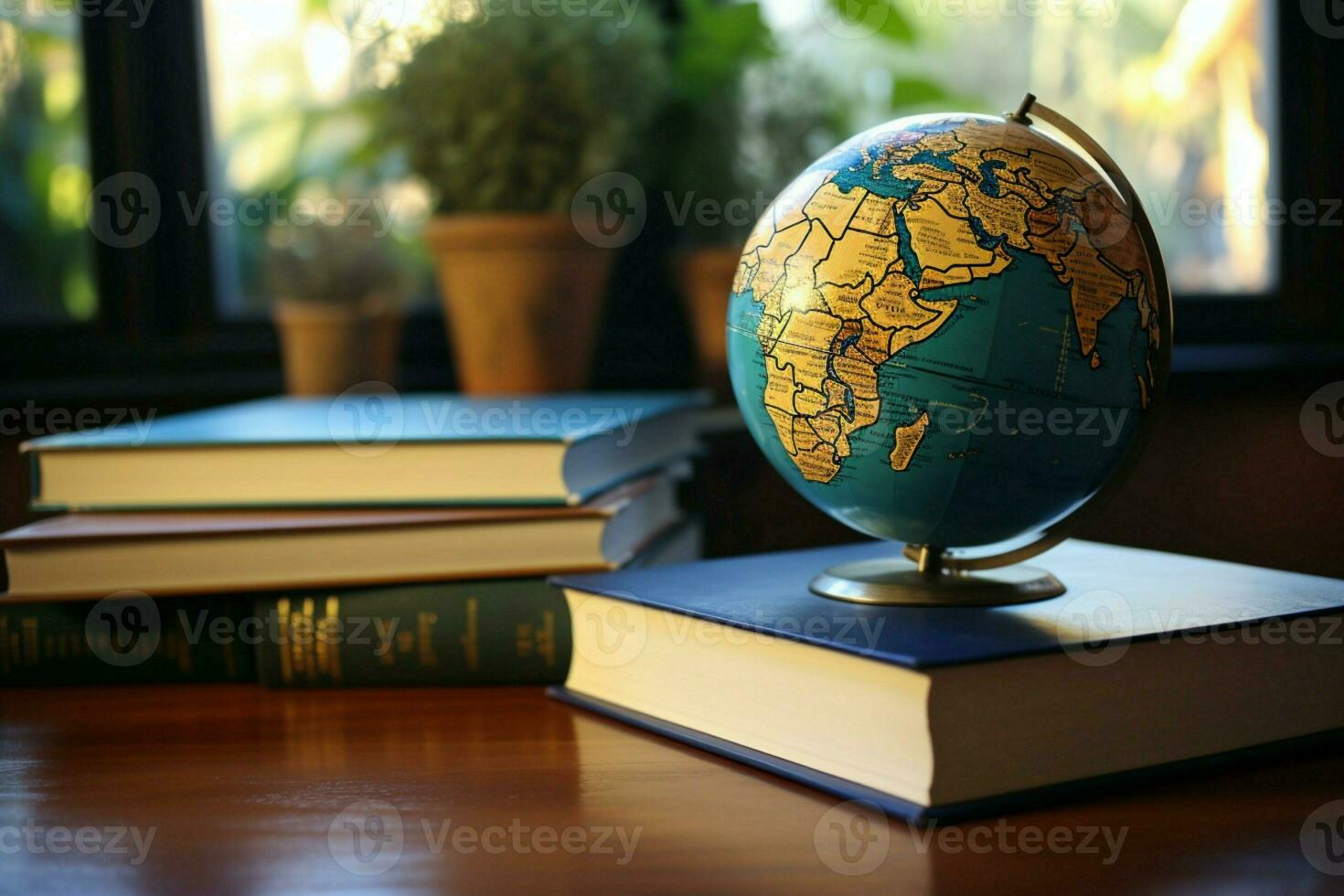 AI generated Knowledge worldwide Earth globe paired with a stack of books AI Generated photo