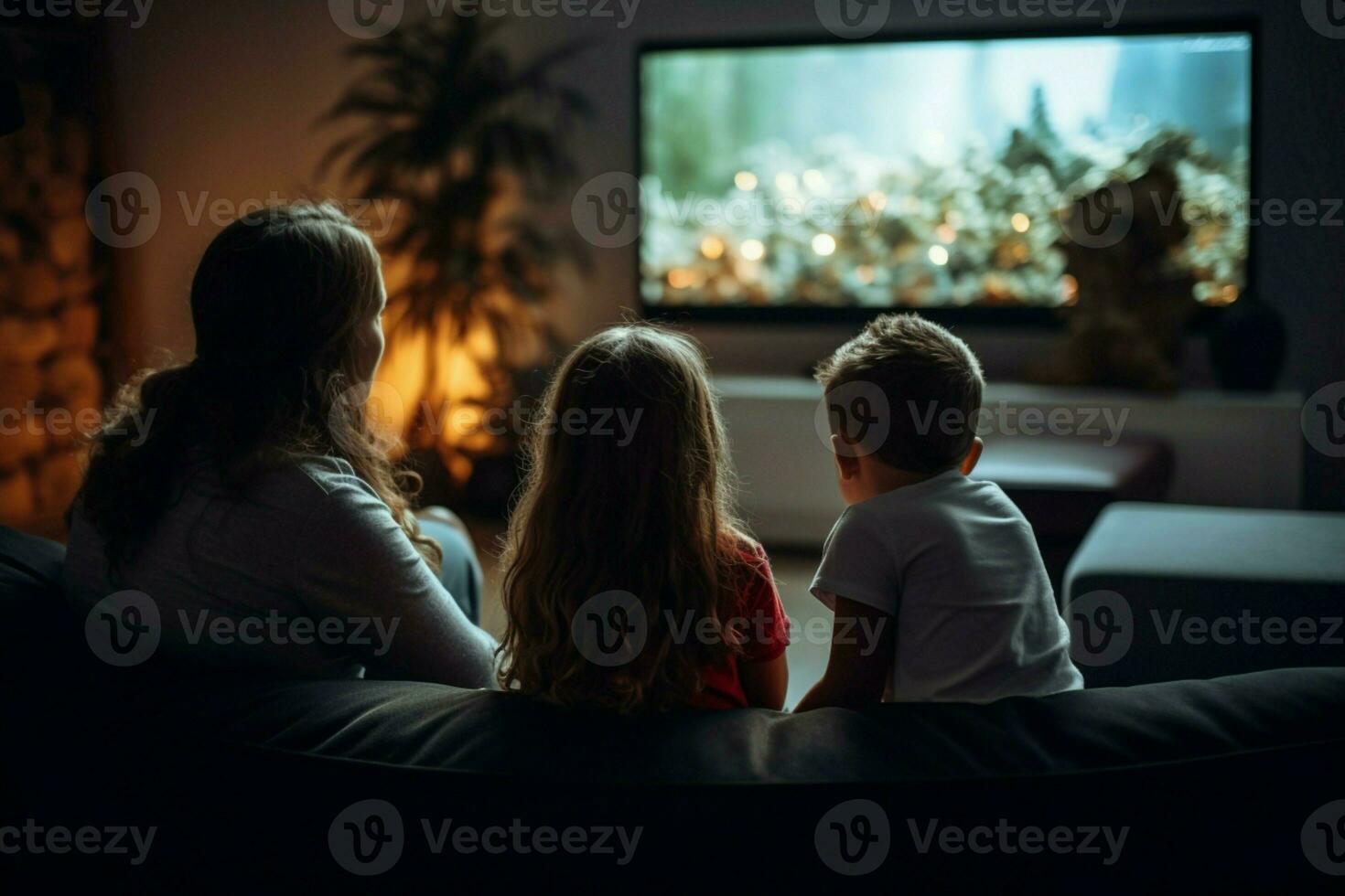 AI generated Family time Young friends enjoy movie on TV in living room photo