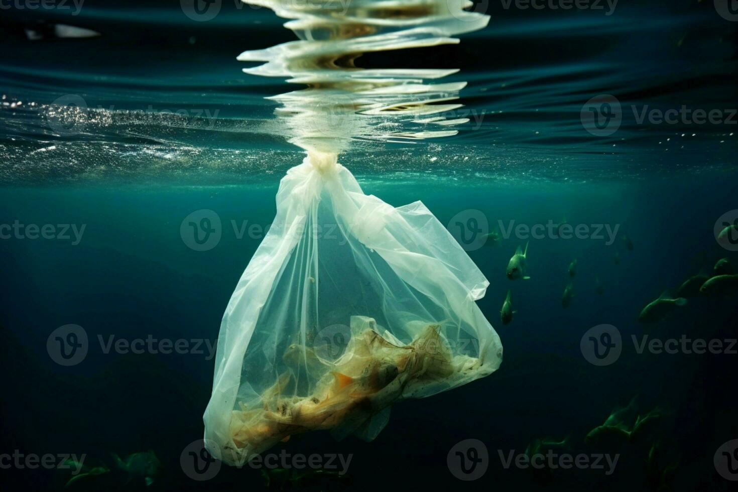 AI generated Marine pollution Plastic bag detrimentally submerged beneath the sea photo