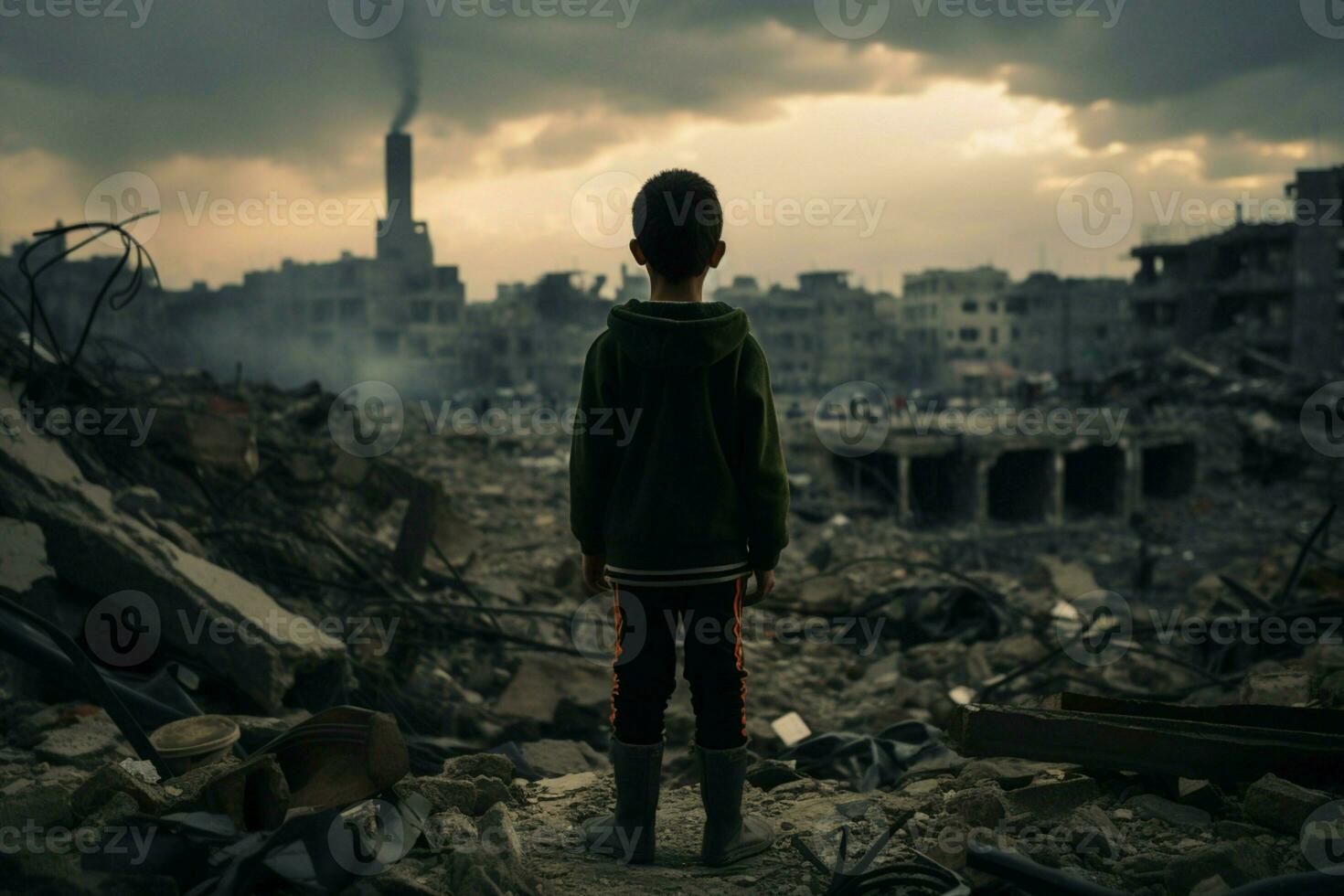 AI generated A lone child amidst wars wreckage, staring at the ruins photo