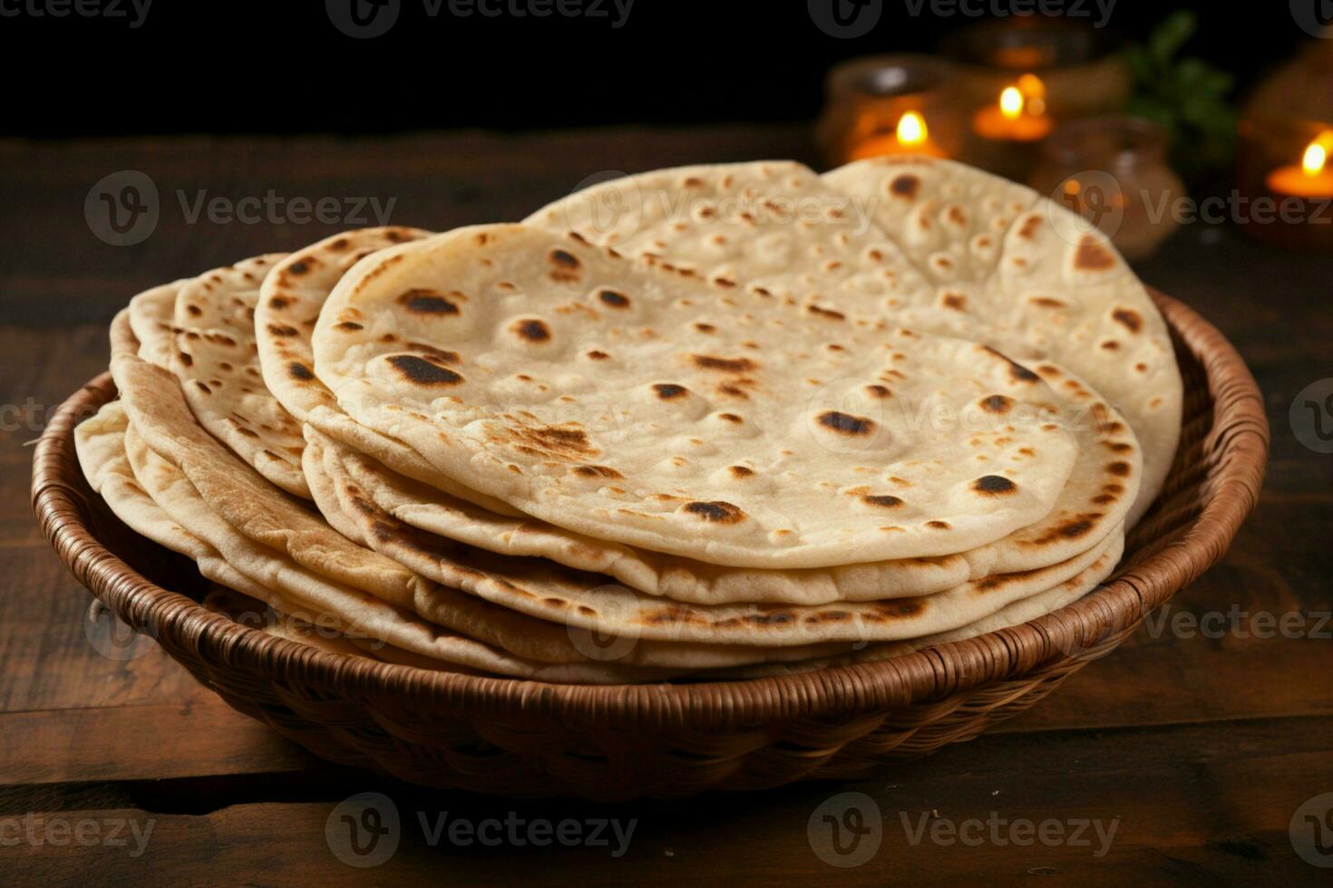 AI generated Chapati on wooden background, representing authentic Indian traditional cuisine photo