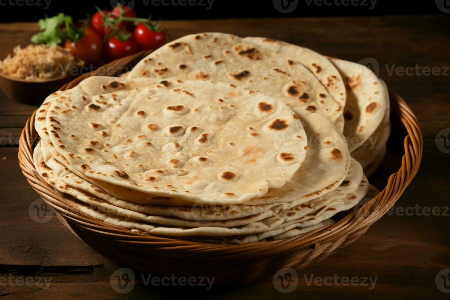 AI generated Chapati on wooden background, representing authentic Indian traditional cuisine photo