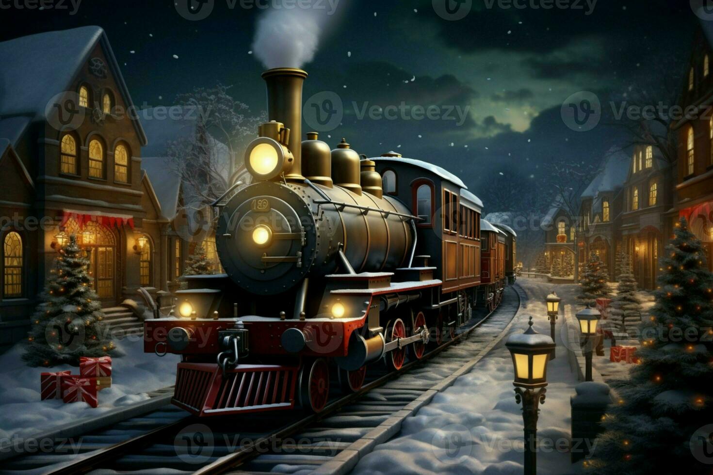 AI generated Magical winter ride A train adorned with Christmas decorations in a snowy setting AI Generated photo