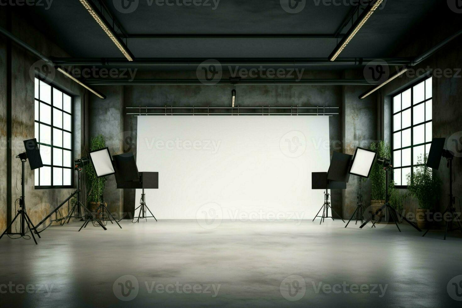 AI generated Modern photo studio interior with empty white wall and equipment