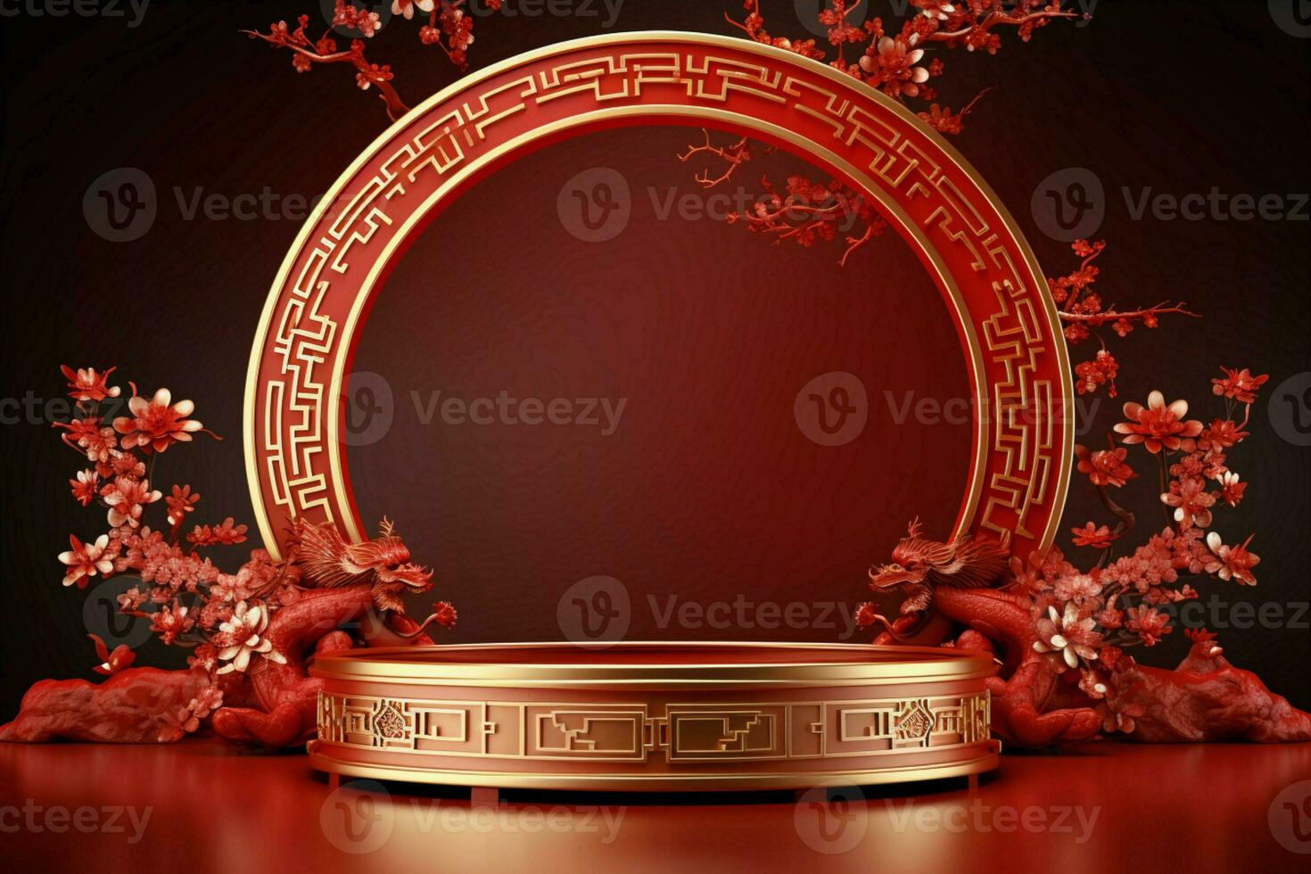 AI generated Opulent 3D rendering Round stage podium, Chinese New Year celebration photo